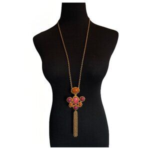 Chicos Gold Tone Pink Orange Cabochon Medallion Chain Tassel Statement Necklace